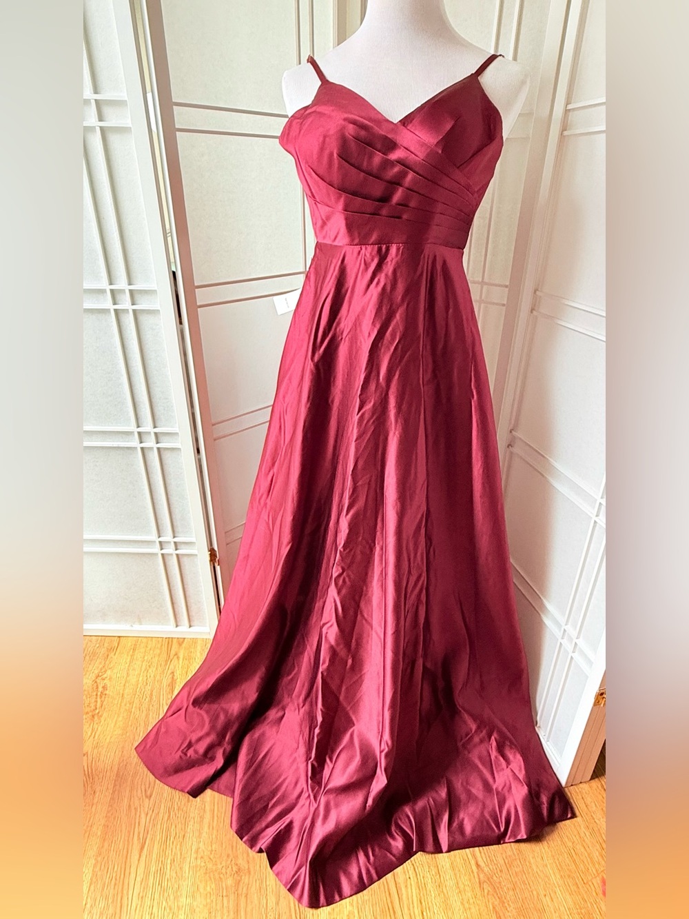 Women's Burgundy Satin A-Line Spaghetti Strap Dress- NO Back Lace